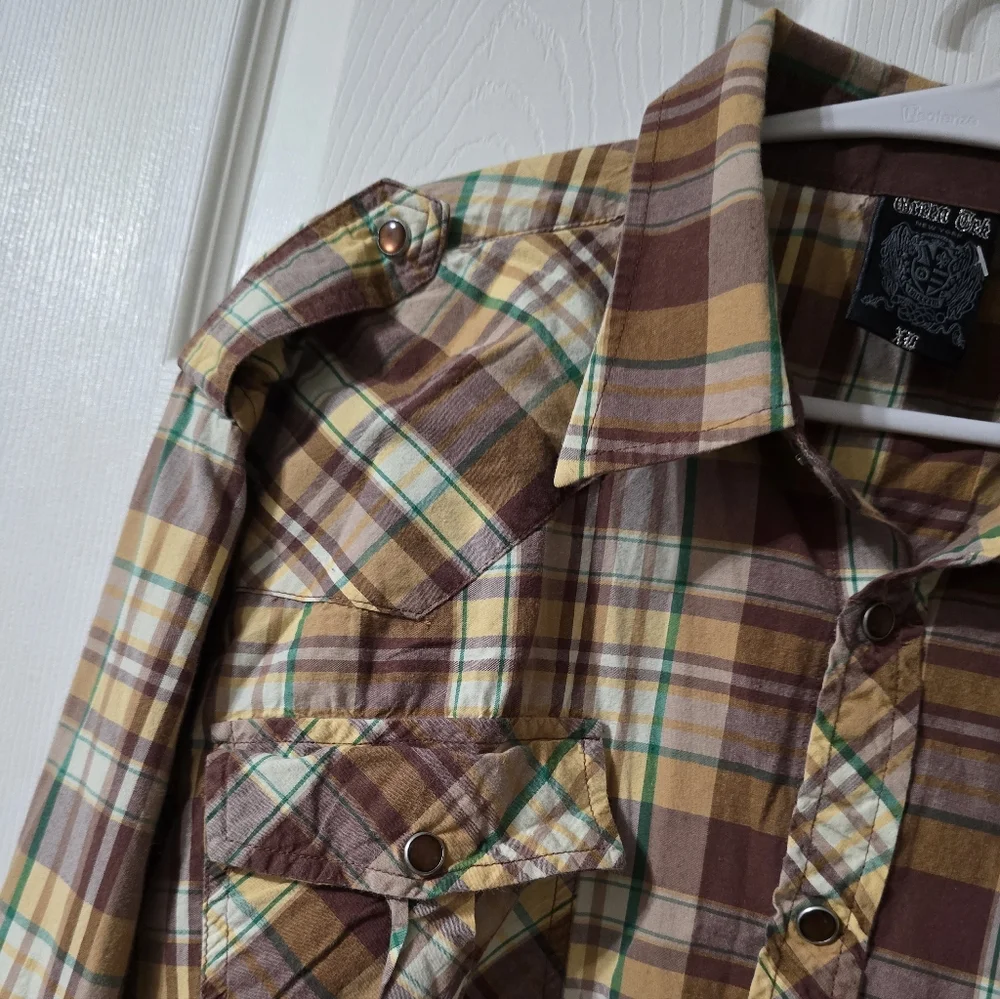 Y2K Green Oak Pearl Snap Brown & Green Plaid Long Sleeve Western Shirt, XL.
